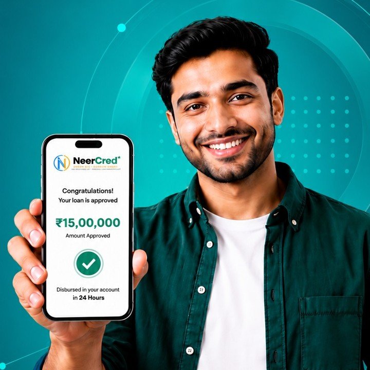 NeerCred customer viewing a loan approval of ₹15,00,000 on their phone
